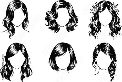 Female hairstyle illustration, wavy hair sketch, curly hairstyle drawing, bridal floral hair design, bob haircut artwork, braided long hair silhouette