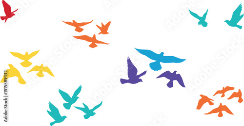 Colorful flying birds silhouette set with flock shapes in modern flat style