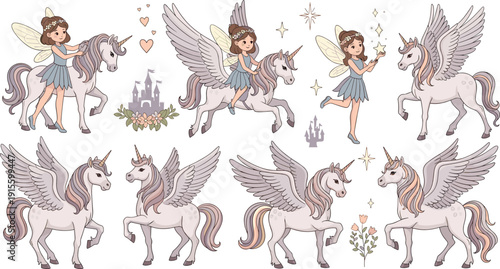 Fairy and winged unicorn set with princess, castle, stars, flowers, fantasy magic
