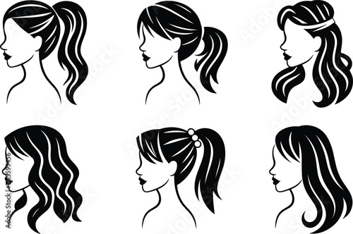 Female profile hairstyle illustration, ponytail hair sketch, wavy hairstyle drawing, straight hair with bangs design, braided hair silhouette artwork