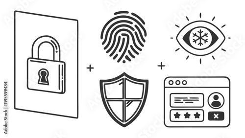 Security icons representing digital access control combine a padlock, fingerprint, iris scan, shield, and login screen.