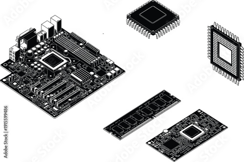 Computer motherboard, integrated circuits, RAM module, microcontroller chip, CPU socket, hardware components, electronic board, technology system, digital processor, computing device