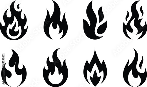 Flame icon illustration, stylized fire symbol drawing, abstract flame artwork, black fire silhouette design, energy heat danger graphic representation