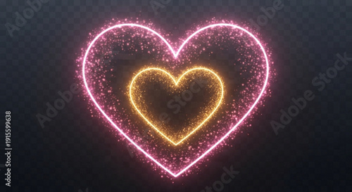 Glowing pink and gold heart shapes with sparkling particles