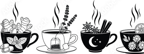 Herbal tea cup illustration, ginger coffee blend, lavender tea bag, spiced star anise cinnamon, chamomile lemon tea vector drawing