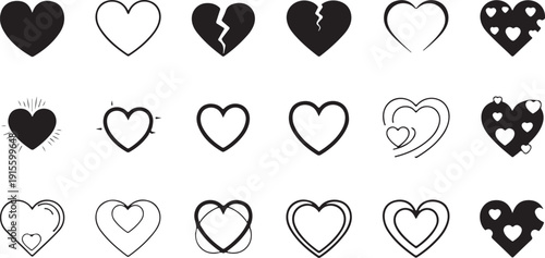 A collection of various heart shapes and designs, both solid and outlined, in red and white colors