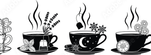 Herbal tea illustration, ginger cinnamon tea, mint lavender cup, calming nighttime tea, chamomile lemon tea drawing, black stylized design