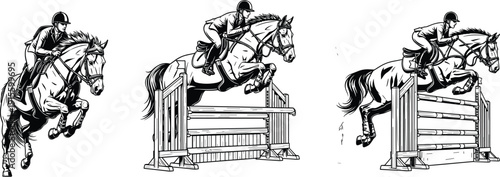Horse show jumping illustration, rider equestrian sketch, horse mid-air obstacle drawing, horse landing jump artwork, black and white equestrian design
