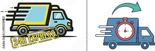 Two professional delivery vectors: a blue truck with a bold "24H EXPRESS" stamp and motion lines, and a dark blue van featuring a large red stopwatch and a green "return" or "fast" arrow icon.