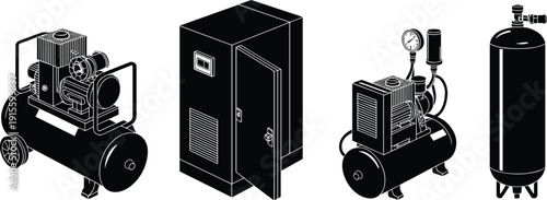 Industrial air compressor illustration, dual tank compressor, refrigerated air dryer unit, small compressor with gauges, vertical air receiver tank drawing