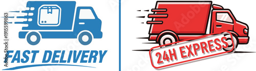 A dynamic logistics vector showing a blue truck carrying a box with speed lines labeled "FAST DELIVERY" and a red van with a "24H EXPRESS" stamp, highlighting rapid shipping services.