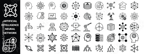 Artificial intelligence icon set featuring AI brain, robot, neural network, machine learning, automation, data processing, technology symbols for apps, dashboards, infographics, websites