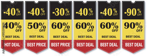 Various discount sale labels featuring percentages from 30% to 90% off and best deal text