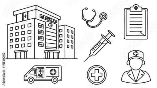 A set of line art icons illustrates essential medical and healthcare services including hospital buildings, ambulance,.