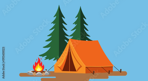 Camping Tent with Campfire and Trees.