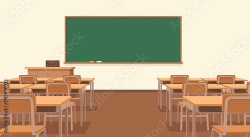Classroom with Desks and Chalkboard.
