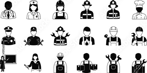 Profession icon illustration, doctor nurse sketch, construction worker drawing, firefighter chef design, police officer mechanic artwork, career occupation silhouette