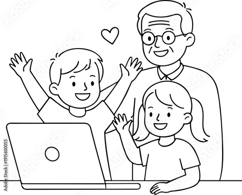  Father's Day Happy Grandfather and Grandchildren Waving during a Video Call on Laptop - Family Remote Communication Line Art Outline Vector Illustration for Coloring Book Page