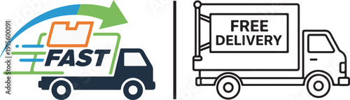 Two professional delivery vectors: a high-speed cargo truck featuring a green "FAST" arrow and orange package, paired with a line-art truck displaying a bold "FREE DELIVERY" banner.