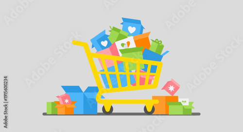 Colorful Shopping Cart with Various Products.