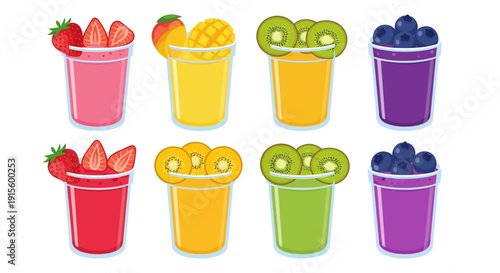 Colorful Smoothies with Fresh Fruits Toppings.