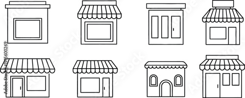Variety of architectural storefront designs with awnings and canopies