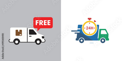 Two delivery icons: a white van with a brown package and a red "FREE" speech bubble, alongside a multicolored truck featuring a large yellow 24H stopwatch and speed lines.