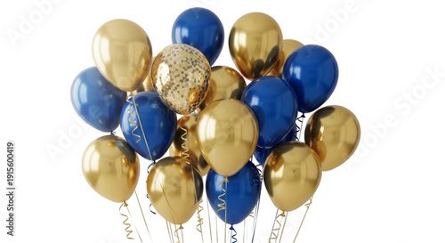 Cluster of blue and gold balloons with ribbons on white background