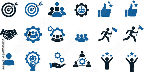 Business and teamwork icons set in blue and black