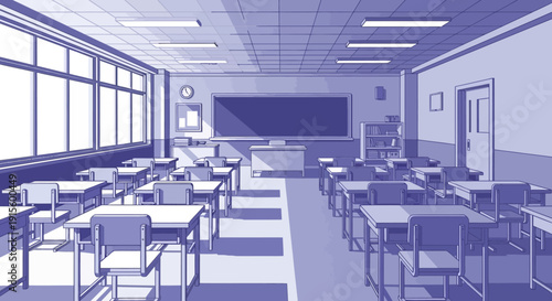 Empty Classroom with Desks and Chairs.