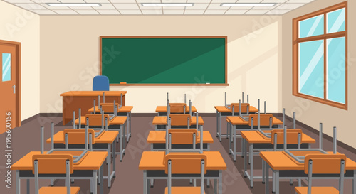 Empty Classroom with Desks and Chalkboard.
