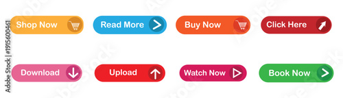 Collection of Shop Now Button vector illustration. Buy Now, Watch now, Download, Upload, Click here buttons. Online shopping colorful icons. Vector Illustration.