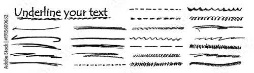 Hand drawn underline line bundle kit featuring chalk pencil, black brush or crayon stroke doodle effect with bold color texture creating abstract vector art accents for blackboard style design.