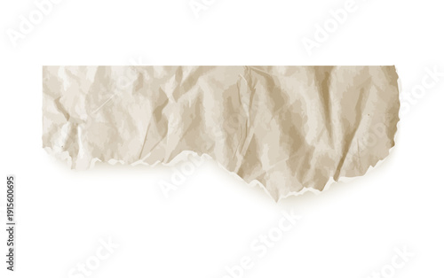 Realistic retro torn paper note vector. Tattered newspaper texture piece features wrinkled rip for old memo collage designs. Cardboard faded teture