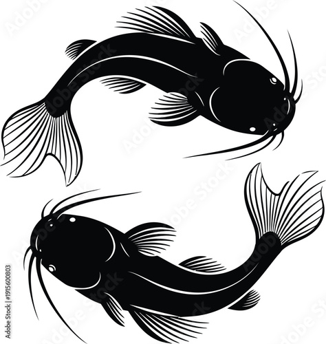 Catfish Silhouettes in Yin Yang Composition, Black and White Vector Illustration