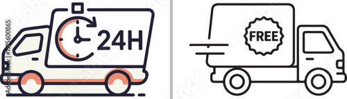 Two minimalist line-art delivery trucks: one featuring a "24H" clock face with orange accents, and the other with speed lines and a "FREE" serrated seal on the cargo area.