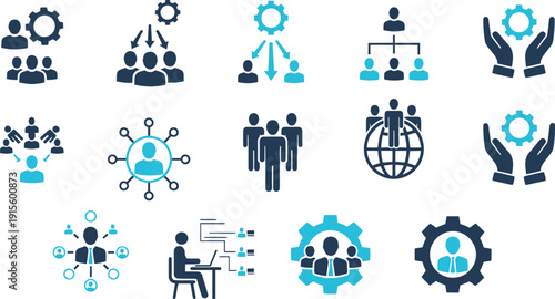 Business and teamwork icons set with people and gears
