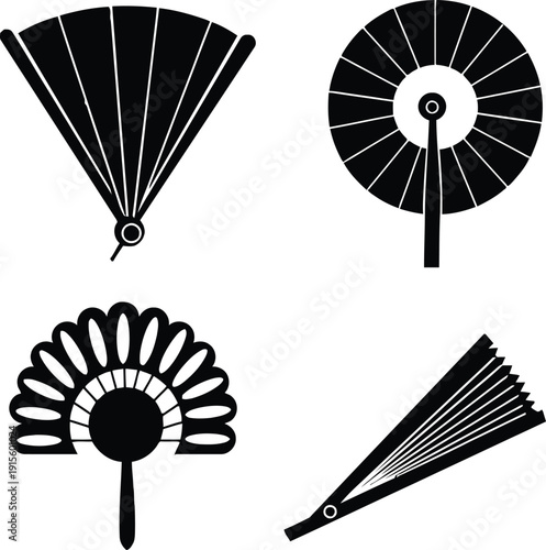 Set of Four Traditional Japanese Hand Fan Icons, Minimalist Vector Silhouettes