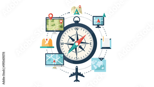 Concept of global travel and navigation featuring a central compass surrounded by maps, aircraft, and digital tracking screens.