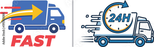 Two vibrant logistics icons: a blue truck with a bold yellow "FAST" arrow and red speed lines, alongside a white delivery van integrated with a "24H" circular clock and motion effects.