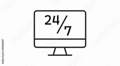 Clean black and white vector icon of a computer displaying “24/7,” ideal for representing continuous service, online support, customer assistance, tech availability, and digital platforms. This minima