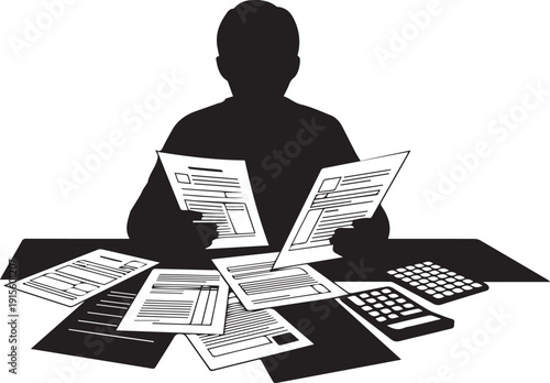Man calculating financial debt reviewing paper documents stress budgeting payment planning deadline vector