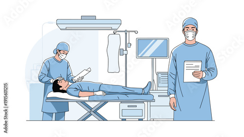 Professional medical surgical scene with doctors in scrubs performing an operation in a modern, well equipped hospital theater room.