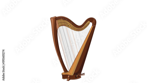 Classical harp musical instrument isolated on a white background, featuring a wooden frame and intricate string details.