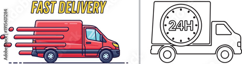 A high-speed delivery vector showing a red van with sleek motion trails under "FAST DELIVERY" text and a clean line-art truck featuring a prominent 24H clock icon for round-the-clock service.