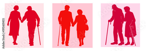 Elderly Couple Silhouette Set Holding Hands, Senior Man and Woman Walking with Cane, Grandparents Love Relationship, Romantic Old Age Valentine