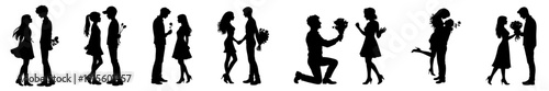 Romantic Couple Silhouettes Set, Men Giving Flowers and Proposing on One Knee, Young and Mature Love Scenes with Bouquets and Wildflowers, Black Valentine