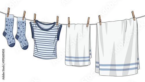 Laundry hanging on a clothesline with socks and shirts secured by wooden pegs against a clean white background.