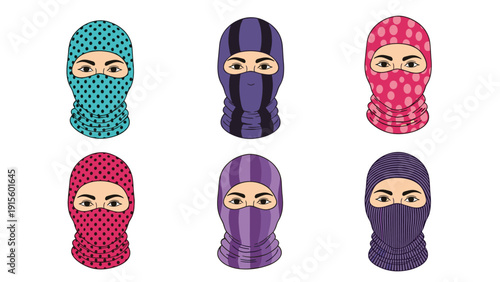 Collection of women's faces wearing various patterned balaclavas like polka dots, stripes, and bright solid colors.