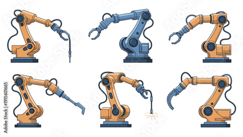 Collection of industrial robotic arm manipulators for assembly line manufacturing, welding, and automated factory production processes.